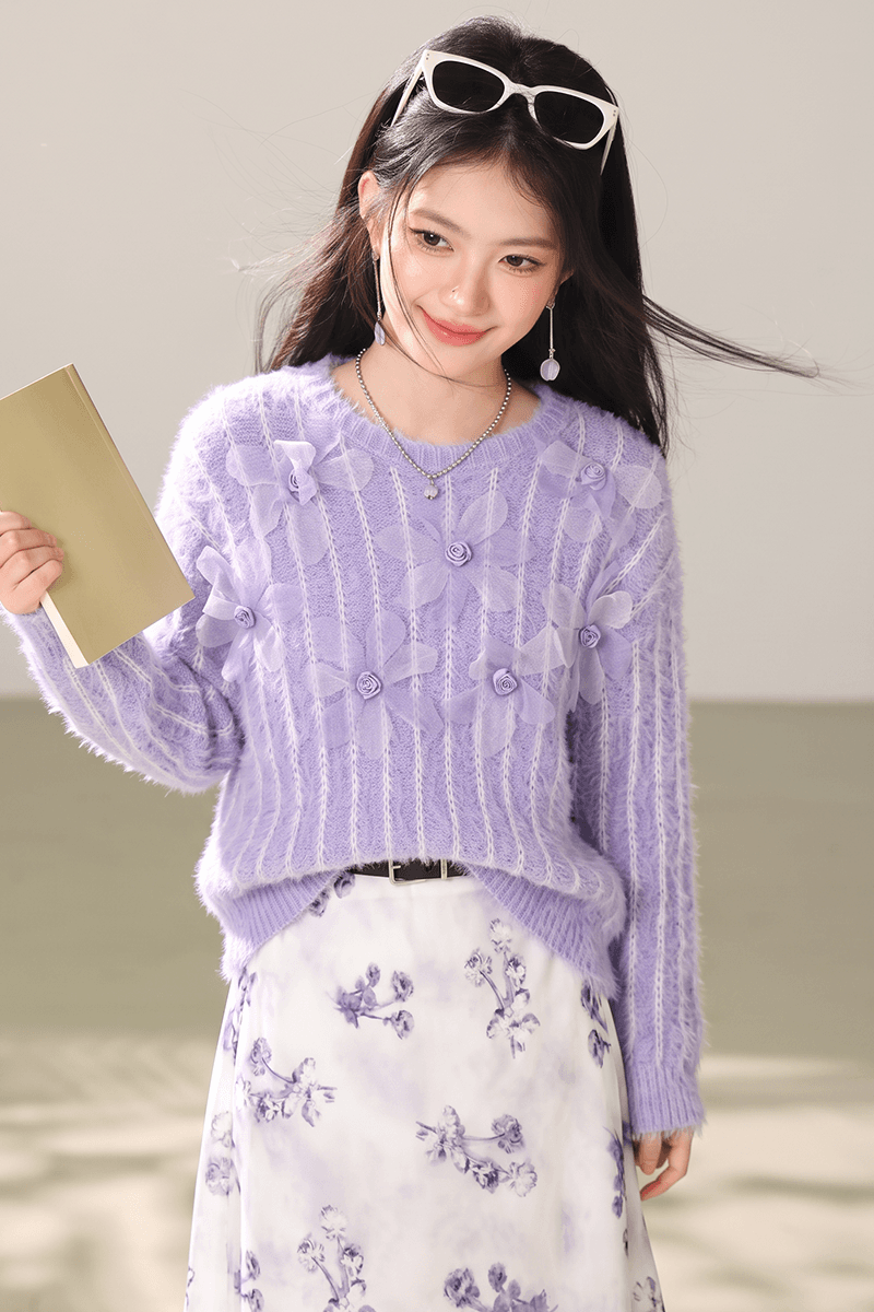 실사 모방 밍크 울 한국 스타일 3 차원 꽃 라운드 넥 스웨터 여자 가을 겨울 패션 부드러운 바람 분위기 센스 맨위 이미지 2