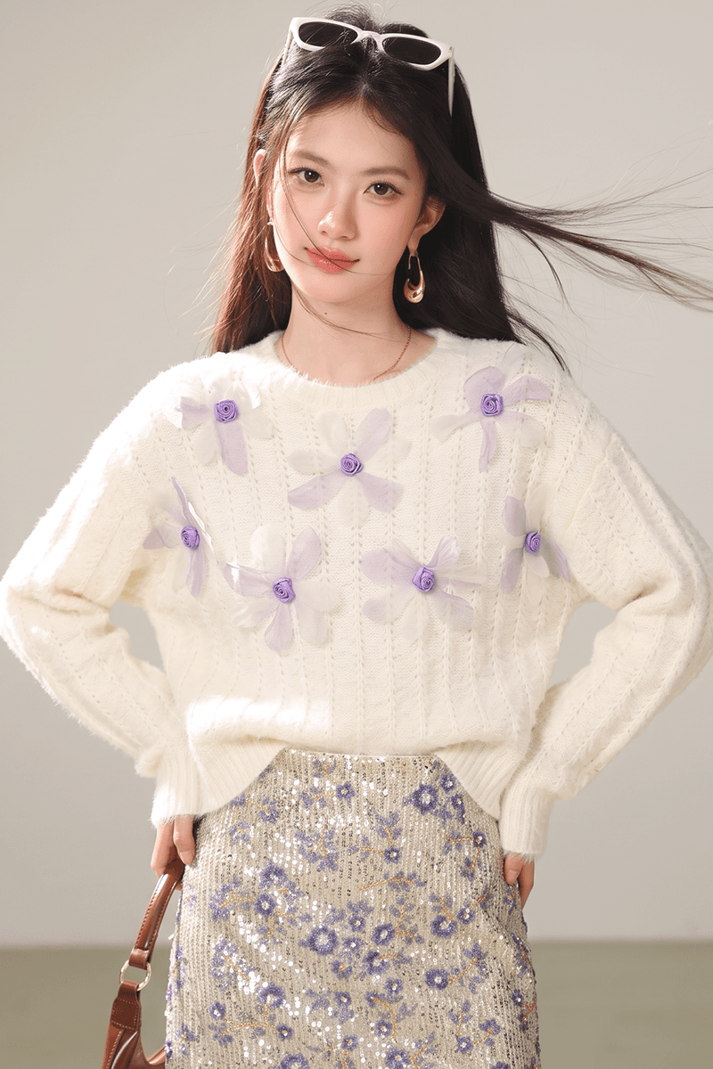 실사 모방 밍크 울 한국 스타일 3 차원 꽃 라운드 넥 스웨터 여자 가을 겨울 패션 부드러운 바람 분위기 센스 맨위 이미지 3