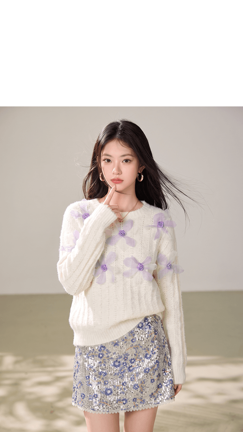 실사 모방 밍크 울 한국 스타일 3 차원 꽃 라운드 넥 스웨터 여자 가을 겨울 패션 부드러운 바람 분위기 센스 맨위 상세 이미지 3