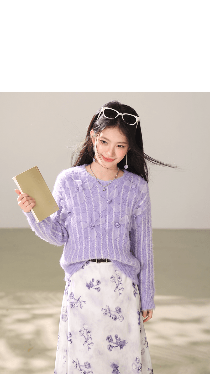 실사 모방 밍크 울 한국 스타일 3 차원 꽃 라운드 넥 스웨터 여자 가을 겨울 패션 부드러운 바람 분위기 센스 맨위 상세 이미지 4