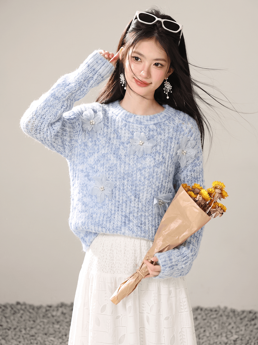 실사 느긋한 바람 부드러운 찹쌀 모헤어 라운드 넥 스웨터 여자 가을 겨울 새로운 디자인 센스 나비 매듭 니트 스웨터 이미지 2