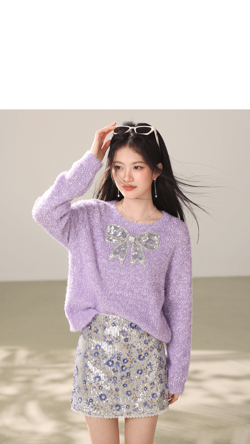 실사 2026 년 가을 새로운 한국 스타일 작은 대중 느긋한 바람 나비 스팽글 슬림해 보이는 긴팔 니트 스웨터 상세 이미지 2