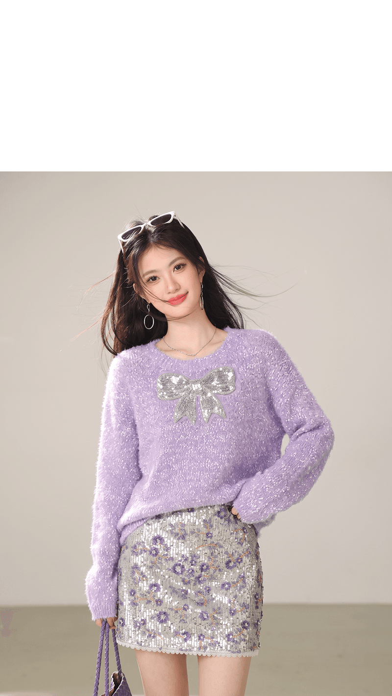 실사 2026 년 가을 새로운 한국 스타일 작은 대중 느긋한 바람 나비 스팽글 슬림해 보이는 긴팔 니트 스웨터 상세 이미지 3