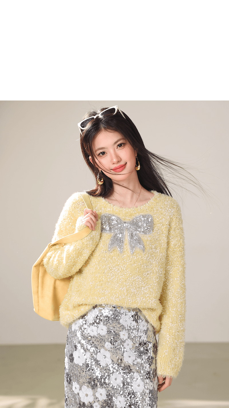 실사 2026 년 가을 새로운 한국 스타일 작은 대중 느긋한 바람 나비 스팽글 슬림해 보이는 긴팔 니트 스웨터 상세 이미지 5