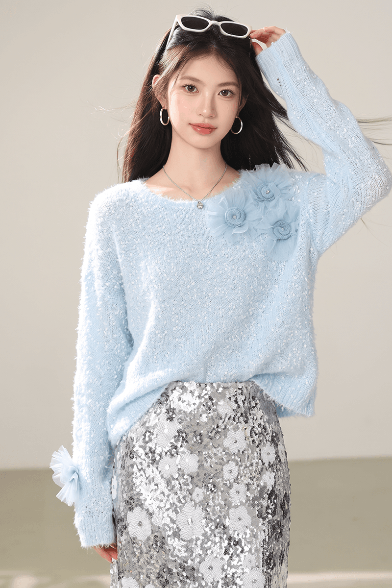 실사 파란색 3 차원 꽃 니트 스웨터 2026 가을 새로운 한 부서 chic Chic 프랑스식 맨위 이미지 5