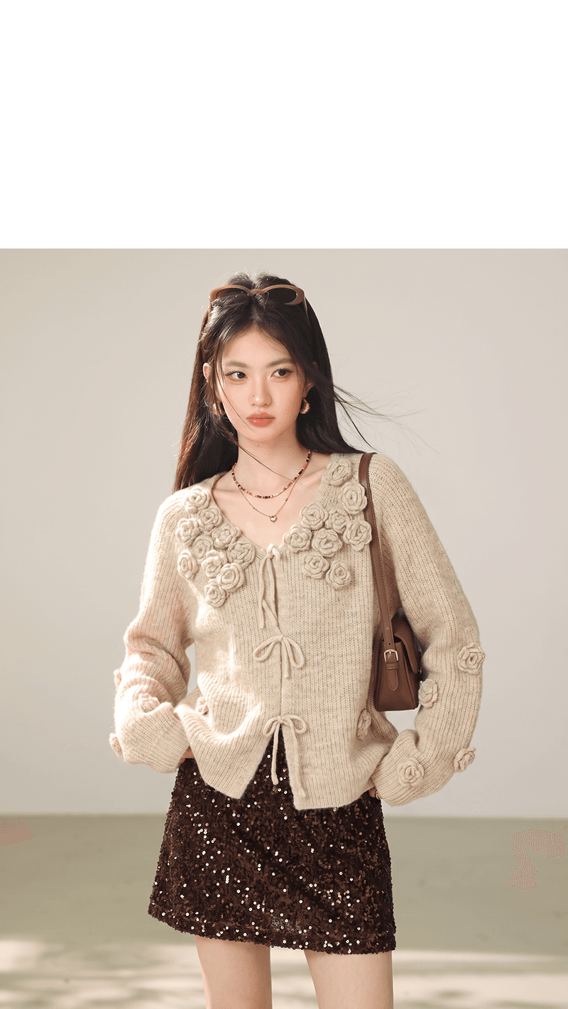 실사 한 부서 부드러운 바람 3 차원 꽃 스웨터 오픈 가디건 여성 가을 겨울 루즈핏 슬림해 보이는 느긋한 니트 맨위 상세 이미지 2