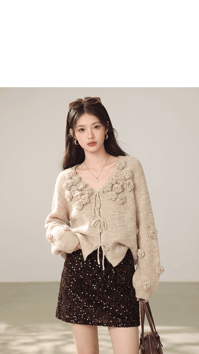 실사 한 부서 부드러운 바람 3 차원 꽃 스웨터 오픈 가디건 여성 가을 겨울 루즈핏 슬림해 보이는 느긋한 니트 맨위 상세 이미지 3