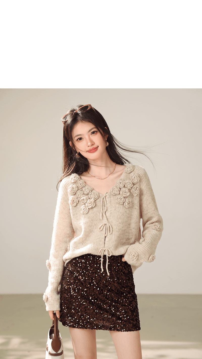 실사 한 부서 부드러운 바람 3 차원 꽃 스웨터 오픈 가디건 여성 가을 겨울 루즈핏 슬림해 보이는 느긋한 니트 맨위 상세 이미지 4
