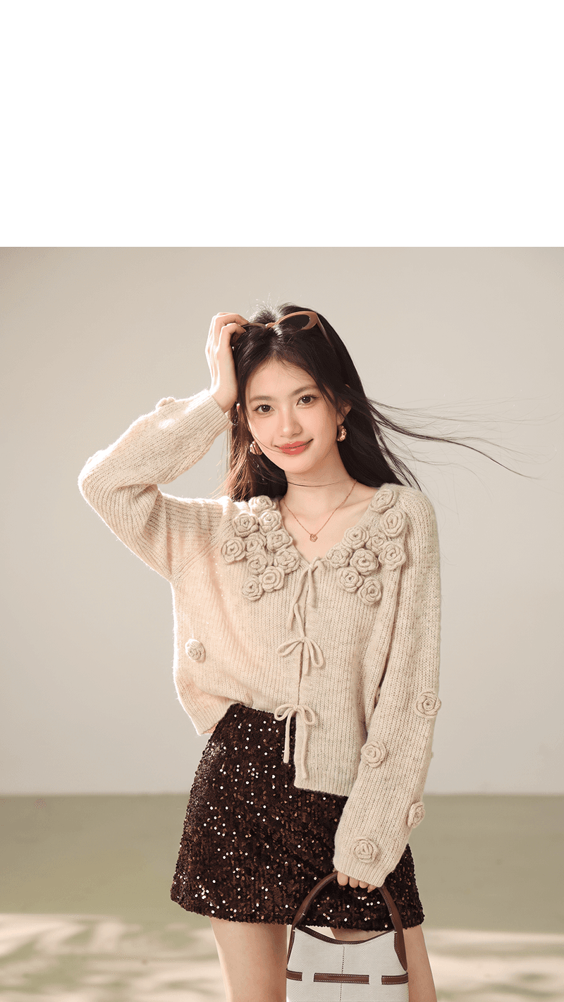 실사 한 부서 부드러운 바람 3 차원 꽃 스웨터 오픈 가디건 여성 가을 겨울 루즈핏 슬림해 보이는 느긋한 니트 맨위 상세 이미지 5