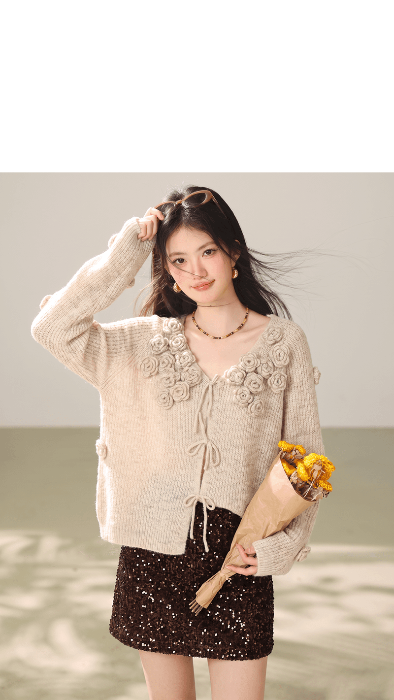 실사 한 부서 부드러운 바람 3 차원 꽃 스웨터 오픈 가디건 여성 가을 겨울 루즈핏 슬림해 보이는 느긋한 니트 맨위 상세 이미지 6