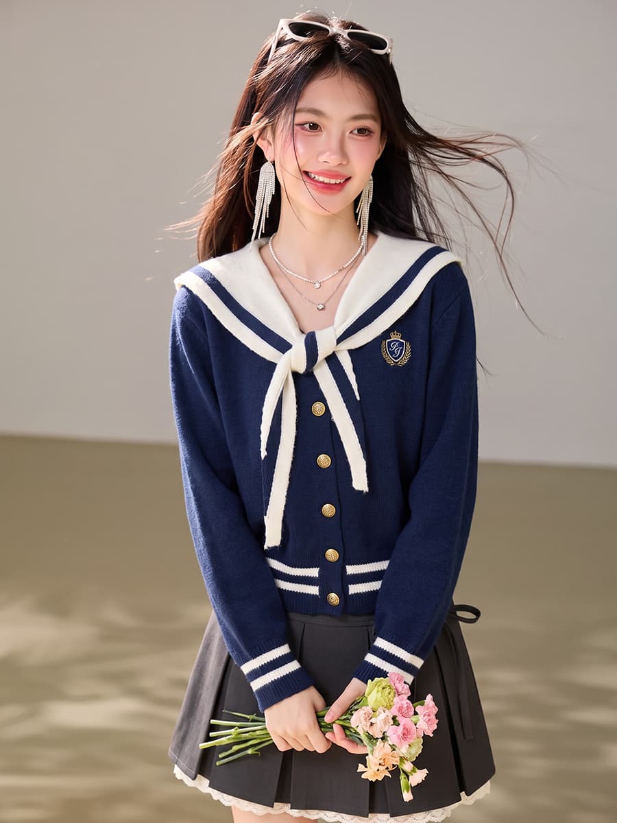 실사 있음 2026 학원 스타일 해군 칼라 페이크 레이어드 숄 스웨터 여자 가을 겨울철 느긋한 바람 짧은 코트 이미지 4