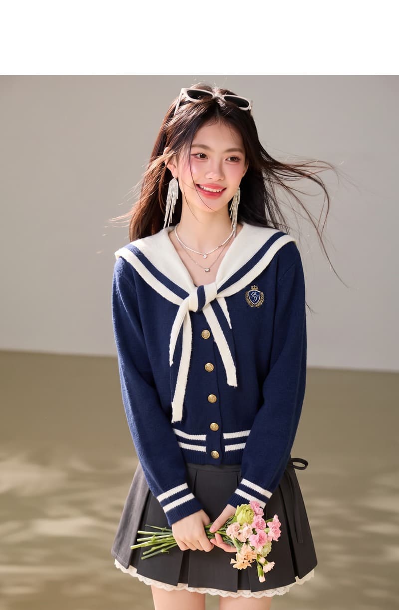 실사 있음 2026 학원 스타일 해군 칼라 페이크 레이어드 숄 스웨터 여자 가을 겨울철 느긋한 바람 짧은 코트 상세 이미지 4