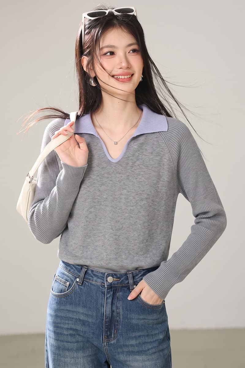 실사 프랑스식 레트로 배색 폴로 칼라 긴팔 니트 스웨터 여성 이른 가을 스웨터 품격 출퇴근 V넥 맨위 이미지 6