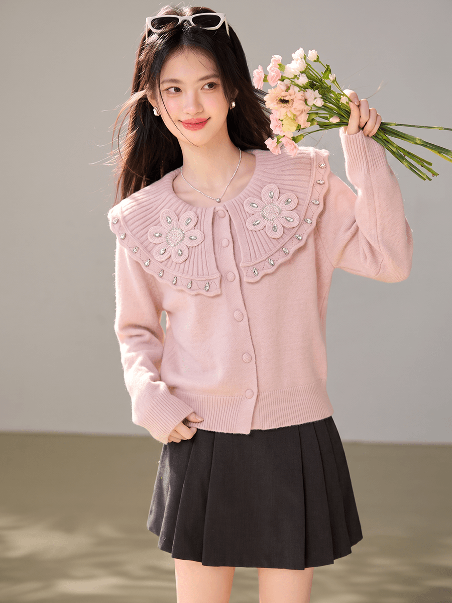 실사 부드러운 바람 스웨터 여자 가을 수공 동백 나무 다이아몬드 세팅 베이비 칼라 루즈핏 디스플레이 품질 맨위 이미지 3