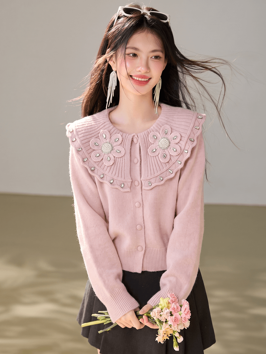 실사 부드러운 바람 스웨터 여자 가을 수공 동백 나무 다이아몬드 세팅 베이비 칼라 루즈핏 디스플레이 품질 맨위 이미지 5