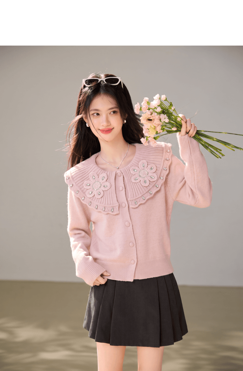 실사 부드러운 바람 스웨터 여자 가을 수공 동백 나무 다이아몬드 세팅 베이비 칼라 루즈핏 디스플레이 품질 맨위 상세 이미지 3