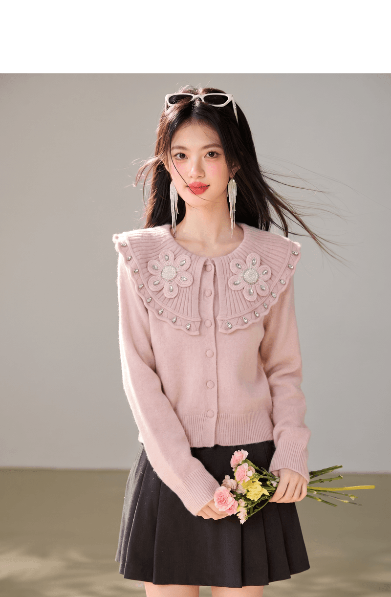 실사 부드러운 바람 스웨터 여자 가을 수공 동백 나무 다이아몬드 세팅 베이비 칼라 루즈핏 디스플레이 품질 맨위 상세 이미지 4