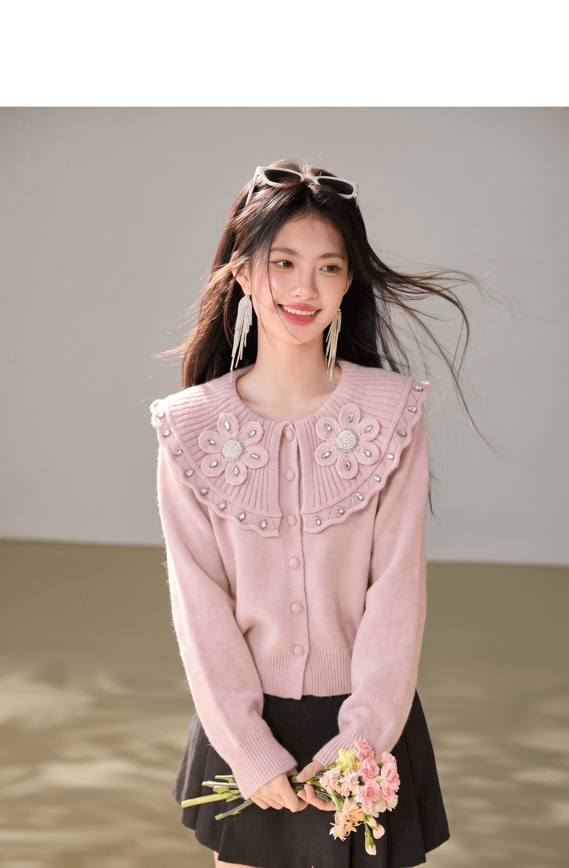 실사 부드러운 바람 스웨터 여자 가을 수공 동백 나무 다이아몬드 세팅 베이비 칼라 루즈핏 디스플레이 품질 맨위 상세 이미지 5