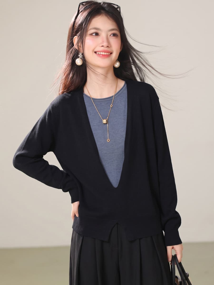 실사 디자인 센스 페이크 레이어드 패치워크 색상 V넥 니트 스웨터 여성 가을 새로운 느긋한 슬림해 보이는 긴팔 맨위 이미지 3