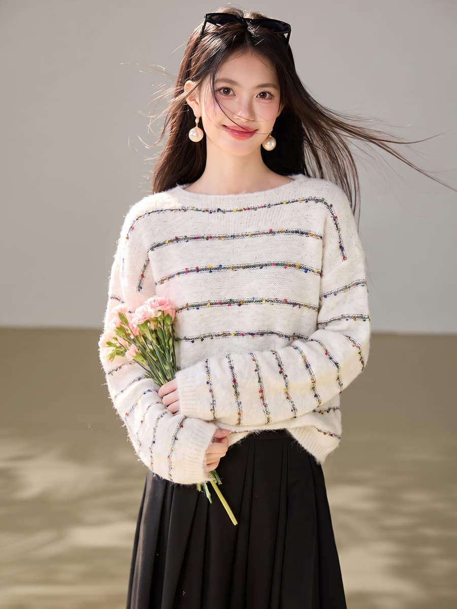 실사 한 부서 느긋한 우유 fufu 달콤함 다채로운 라인 풀오버 스웨터 여자 가을 겨울 디자인 센스 루즈핏 맨위 이미지 3