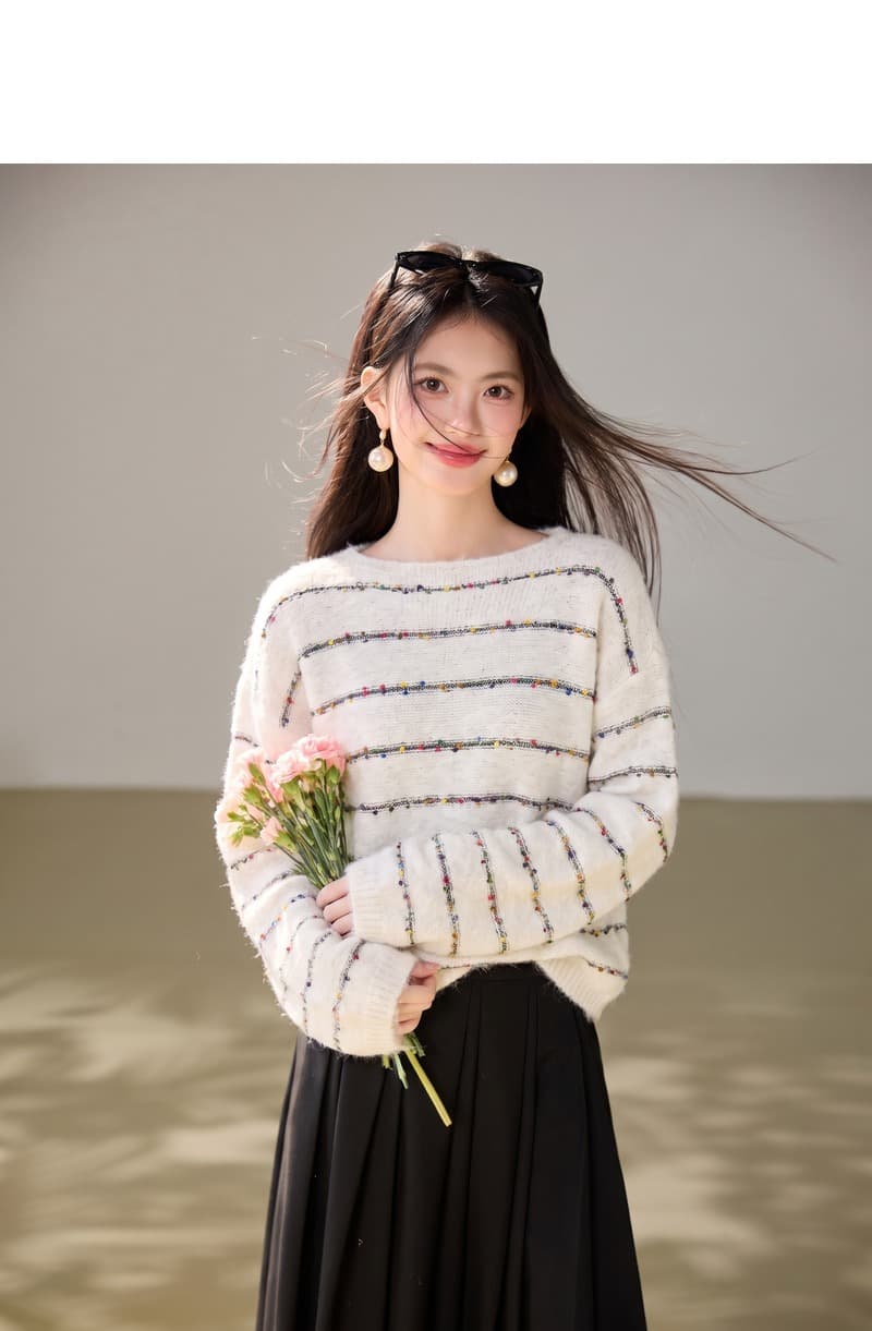 실사 한 부서 느긋한 우유 fufu 달콤함 다채로운 라인 풀오버 스웨터 여자 가을 겨울 디자인 센스 루즈핏 맨위 상세 이미지 2