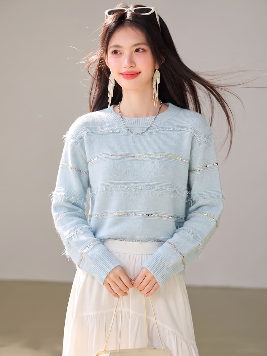실사 가을 겨울 작은 샤넬 스타일 스트라이프 니트 셔츠 표시 화이트 연령 감소 라운드 넥 스웨터 인사이드 가져 가라. 부드러운 찹쌀 맨위 이미지 3