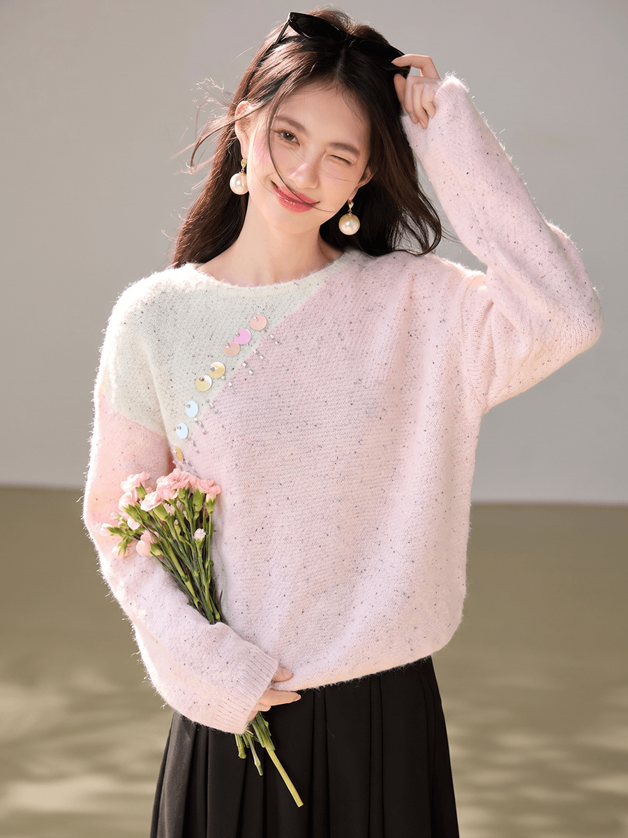 실사 고급 센스 달콤함 배색 비즈 박기 풀오버 스웨터 여자 가을 겨울 한 부서 부드러운 바람 부드러운 찹쌀 맨위 이미지 2