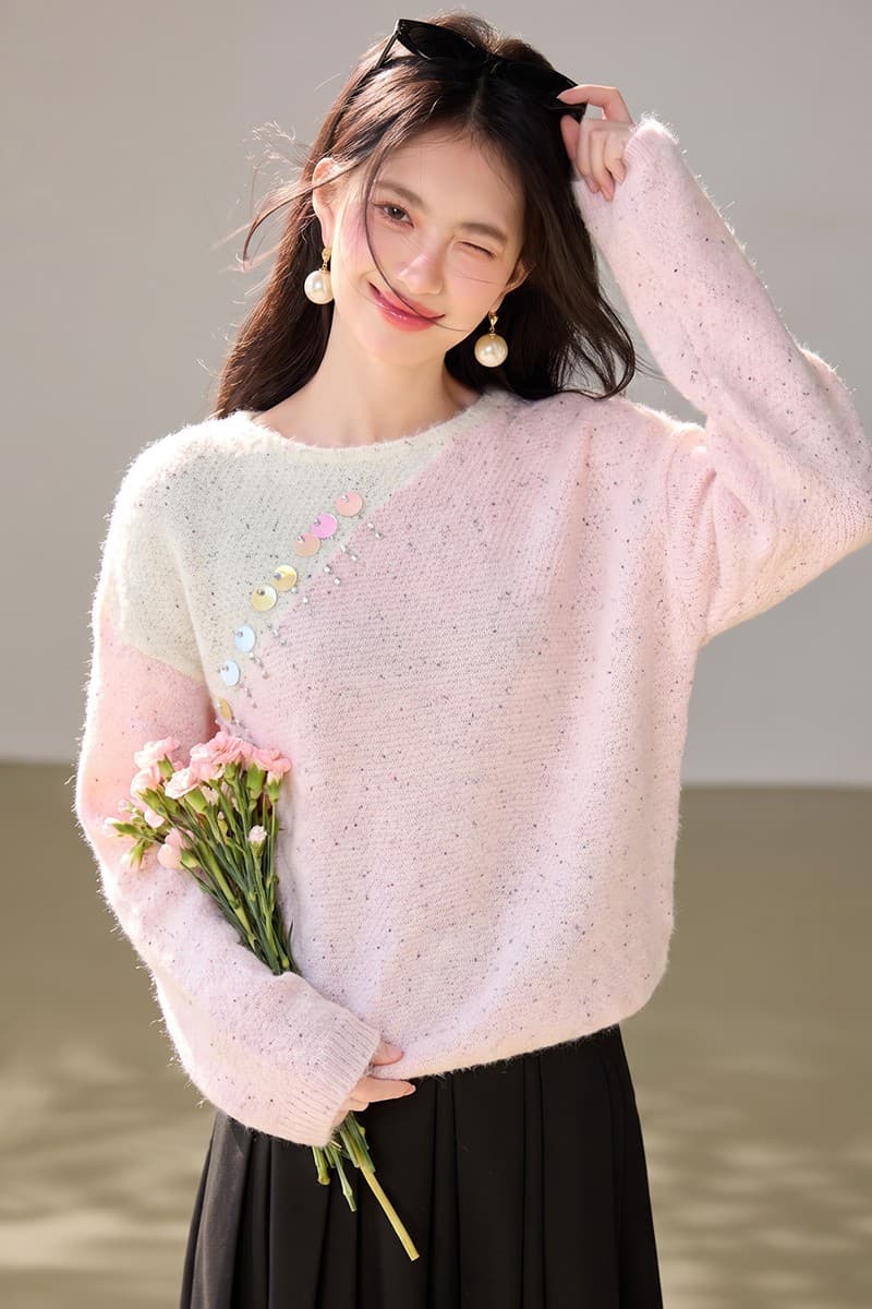 실사 고급 센스 달콤함 배색 비즈 박기 풀오버 스웨터 여자 가을 겨울 한 부서 부드러운 바람 부드러운 찹쌀 맨위 이미지 7