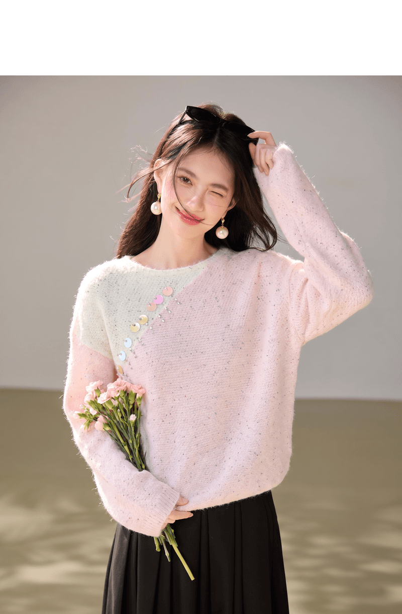 실사 고급 센스 달콤함 배색 비즈 박기 풀오버 스웨터 여자 가을 겨울 한 부서 부드러운 바람 부드러운 찹쌀 맨위 상세 이미지 3