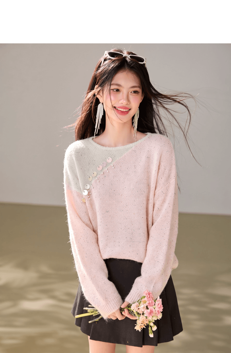 실사 고급 센스 달콤함 배색 비즈 박기 풀오버 스웨터 여자 가을 겨울 한 부서 부드러운 바람 부드러운 찹쌀 맨위 상세 이미지 4