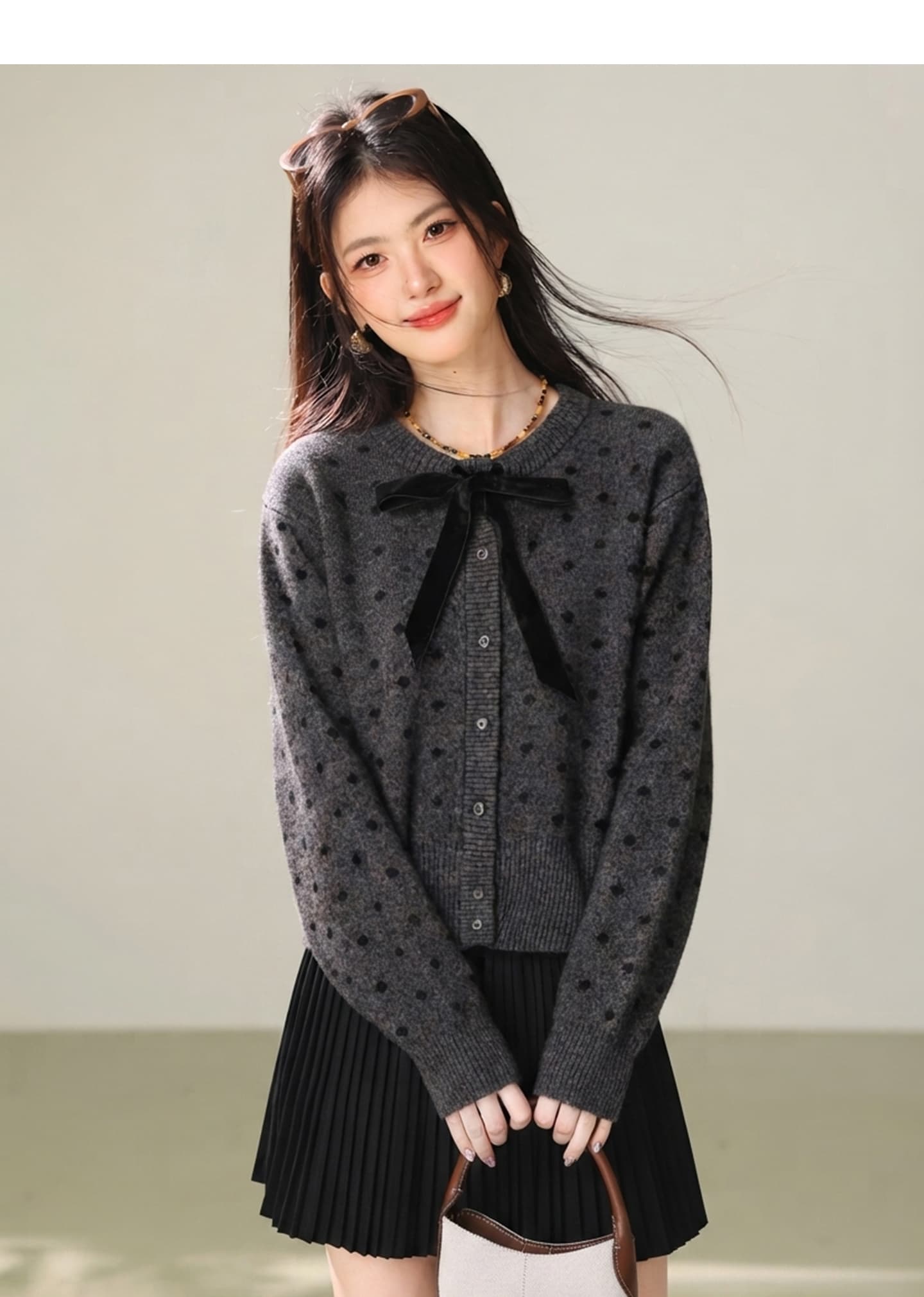 실사 2026 년 가을 나비 넥타이 도트 부드러운 오픈 가디건 맨위 패션 다용도 니트 스웨터 상세 이미지 5
