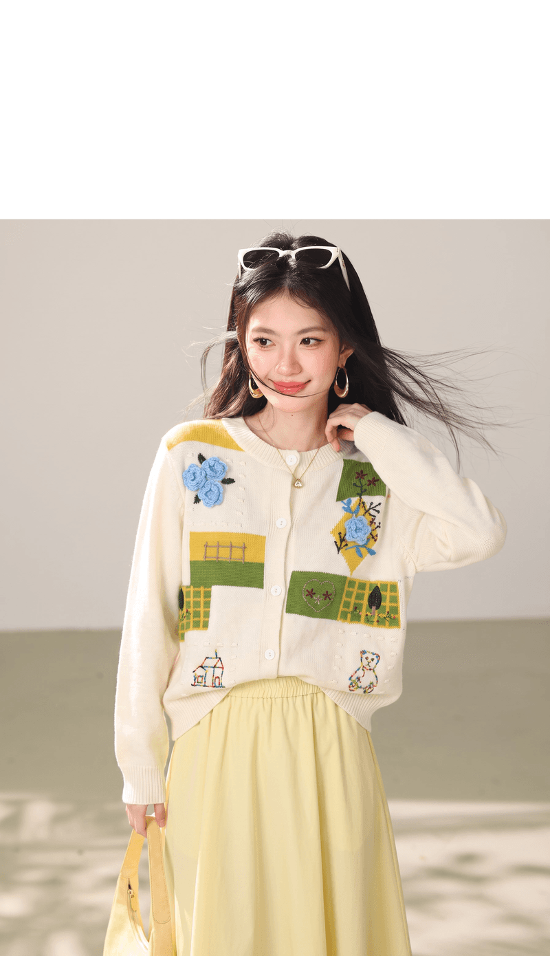 실사 2026 센 부서 가을 겨울 새로운 문예 높은 품질 니트 꽃 스웨터 카디건 코트 라운드 넥 상세 이미지 3
