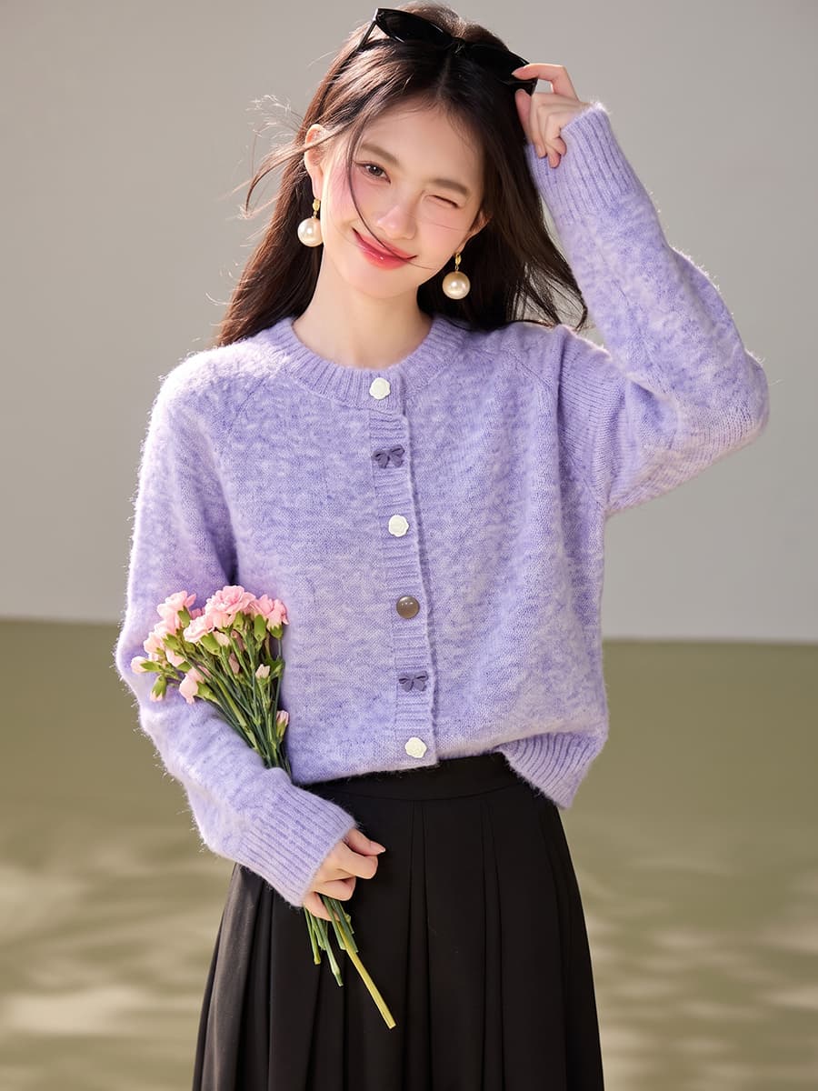 실사 있음 부드러운 바람 부드러운 찹쌀 보라색 긴팔 스웨터 여자 루즈핏 스택 착용 루즈핏 니트 오픈 가디건 맨위