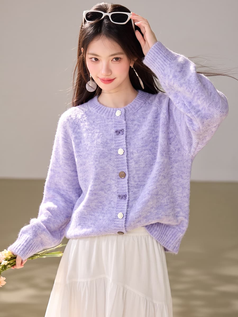 실사 있음 부드러운 바람 부드러운 찹쌀 보라색 긴팔 스웨터 여자 루즈핏 스택 착용 루즈핏 니트 오픈 가디건 맨위 이미지 2