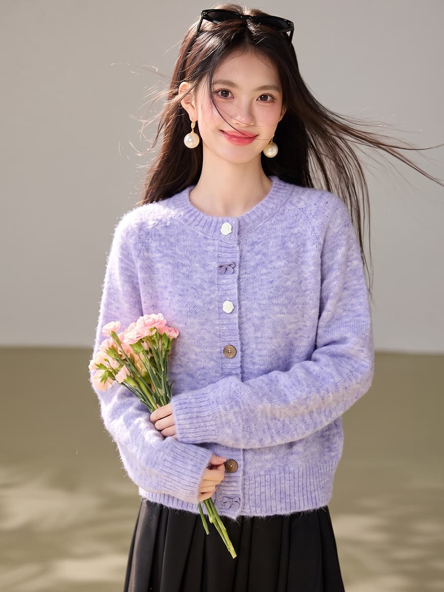 실사 있음 부드러운 바람 부드러운 찹쌀 보라색 긴팔 스웨터 여자 루즈핏 스택 착용 루즈핏 니트 오픈 가디건 맨위 이미지 3