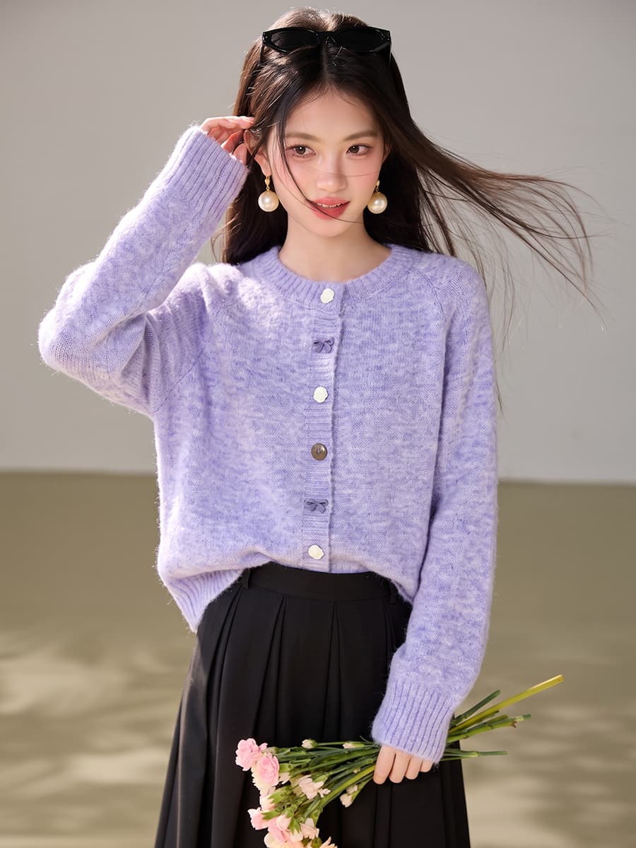 실사 있음 부드러운 바람 부드러운 찹쌀 보라색 긴팔 스웨터 여자 루즈핏 스택 착용 루즈핏 니트 오픈 가디건 맨위 이미지 4