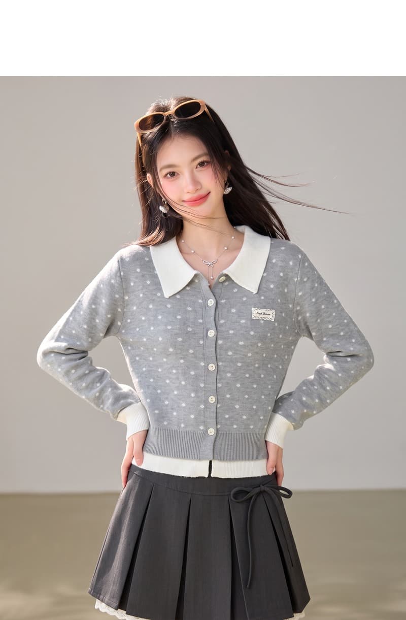 실사 패치워크 페이크 레이어드 배색 폴로 칼라 스웨터 여성 코트 가을 연령 감소 루즈핏 오픈 가디건 부드러운 긴팔 맨위 상세 이미지 2