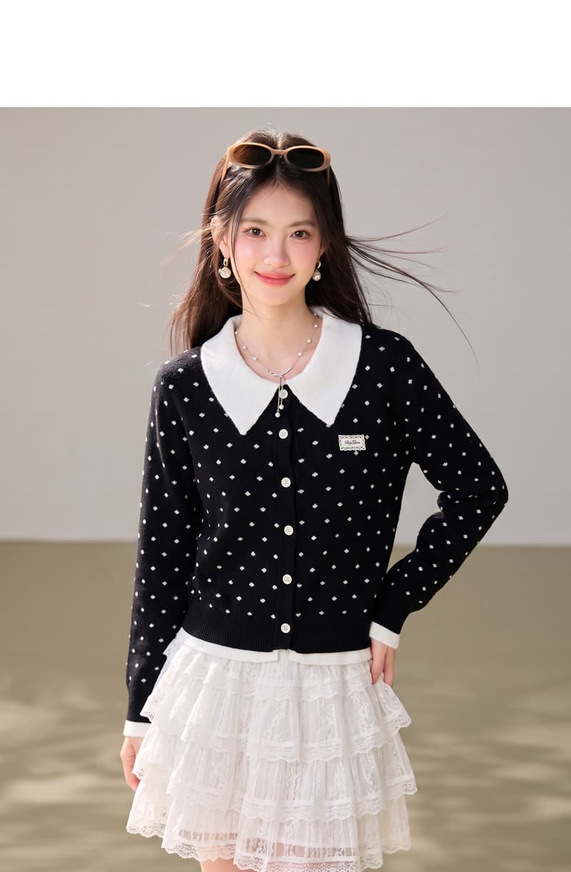 실사 패치워크 페이크 레이어드 배색 폴로 칼라 스웨터 여성 코트 가을 연령 감소 루즈핏 오픈 가디건 부드러운 긴팔 맨위 상세 이미지 5