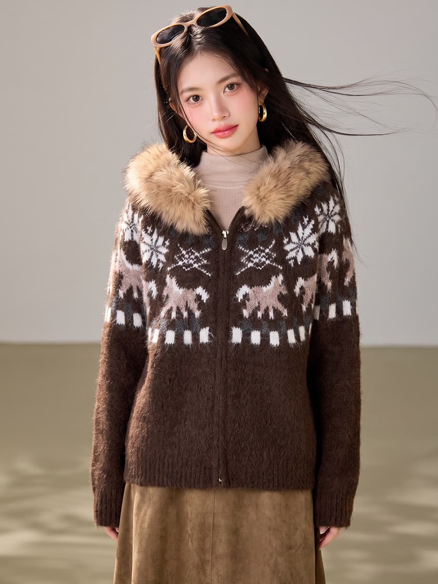 실사 한 부서 레트로 모피 칼라 후드 공정한 섬 스웨터 코트 부드러운 찹쌀 루즈핏 두꺼운 니트 오픈 가디건 맨위 이미지 3