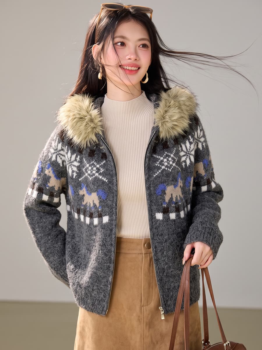 실사 한 부서 레트로 모피 칼라 후드 공정한 섬 스웨터 코트 부드러운 찹쌀 루즈핏 두꺼운 니트 오픈 가디건 맨위 이미지 4