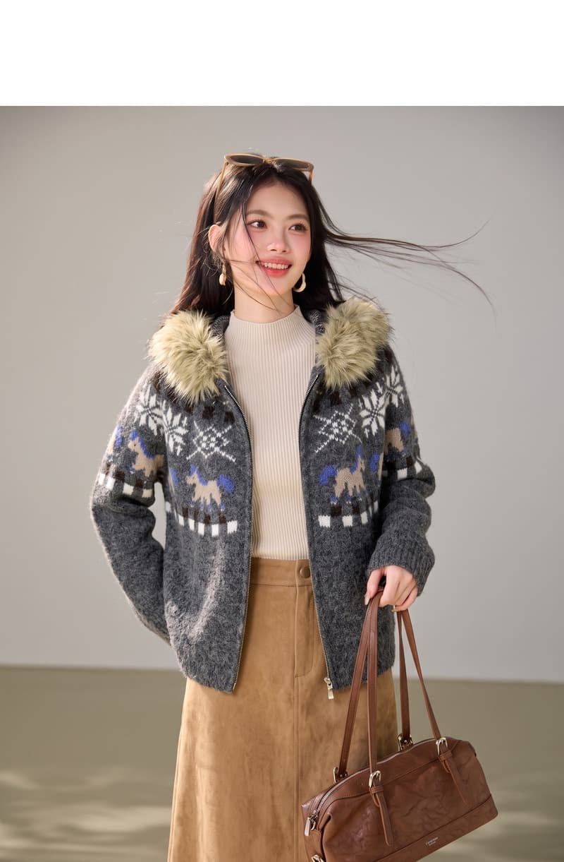 실사 한 부서 레트로 모피 칼라 후드 공정한 섬 스웨터 코트 부드러운 찹쌀 루즈핏 두꺼운 니트 오픈 가디건 맨위 상세 이미지 3