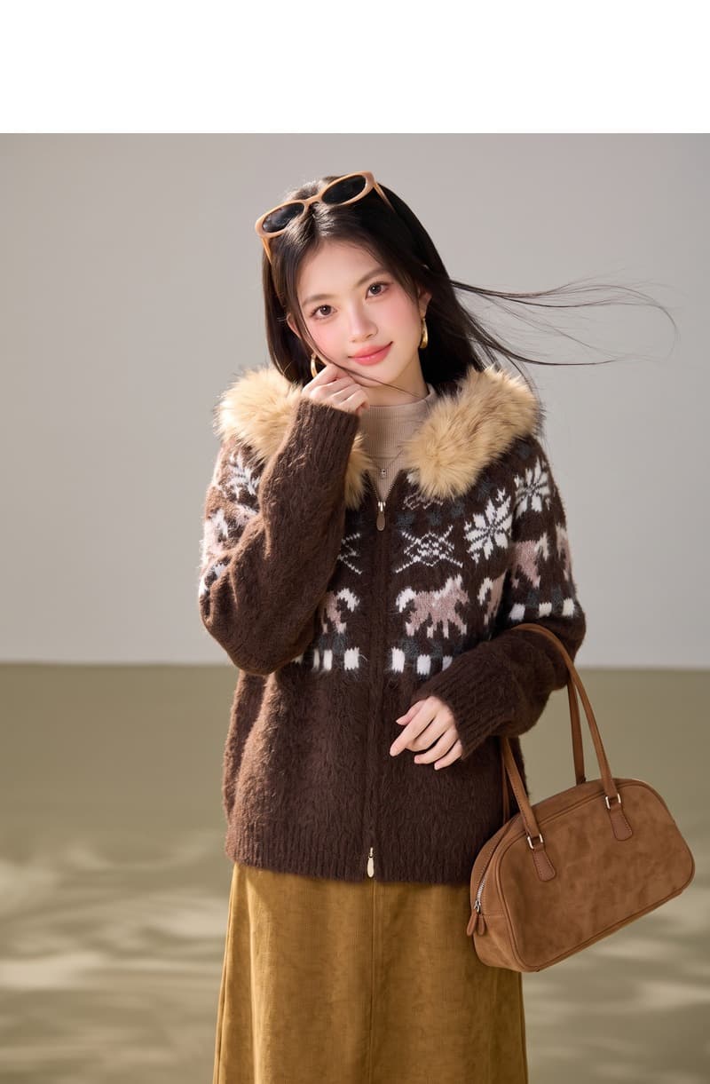 실사 한 부서 레트로 모피 칼라 후드 공정한 섬 스웨터 코트 부드러운 찹쌀 루즈핏 두꺼운 니트 오픈 가디건 맨위 상세 이미지 6