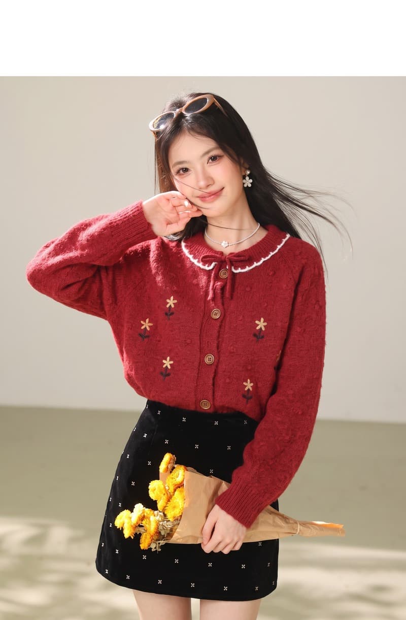 실사 한 부서 자수 꽃 스웨터 여성 코트 가을 새로운 부드러운 레이스업 나비 매듭 부드러운 찹쌀 니트 오픈 가디건 상세 이미지 8