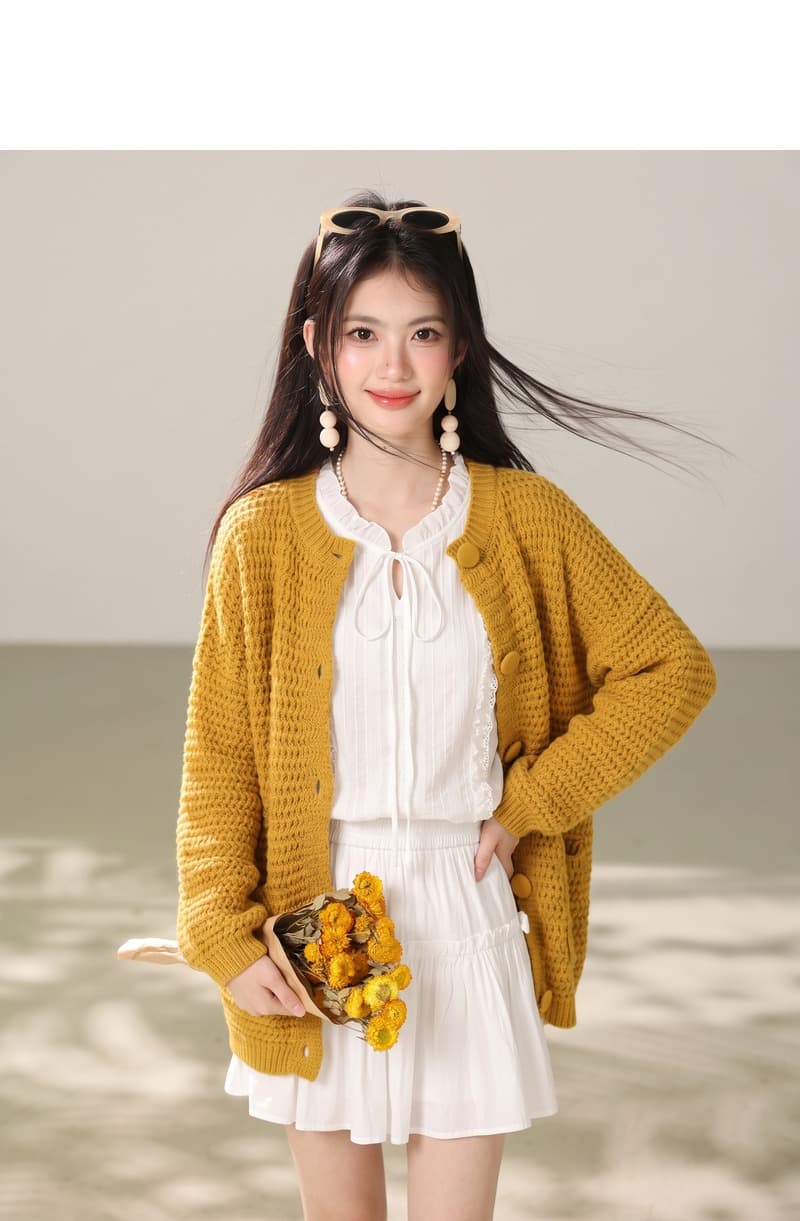 실사 센 부서 레트로 황색 스웨터 오픈 가디건 여성 가을 새로운 루즈핏 느긋한 바람 외부 가져 가라. 니트 재킷 상세 이미지 3