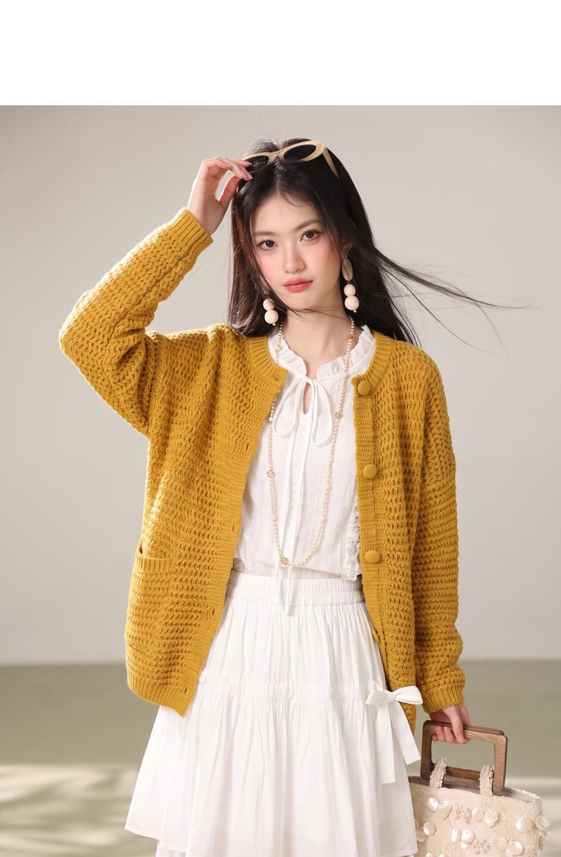 실사 센 부서 레트로 황색 스웨터 오픈 가디건 여성 가을 새로운 루즈핏 느긋한 바람 외부 가져 가라. 니트 재킷 상세 이미지 4