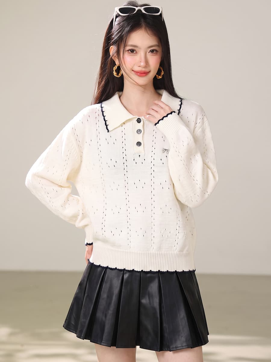 실사 달콤함 나비 매듭 자수 이른 가을 새로운 배색 POLO 칼라 홀로우 아웃 니트 스웨터 부드러운 찹쌀 프로 피부 맨위 이미지 2