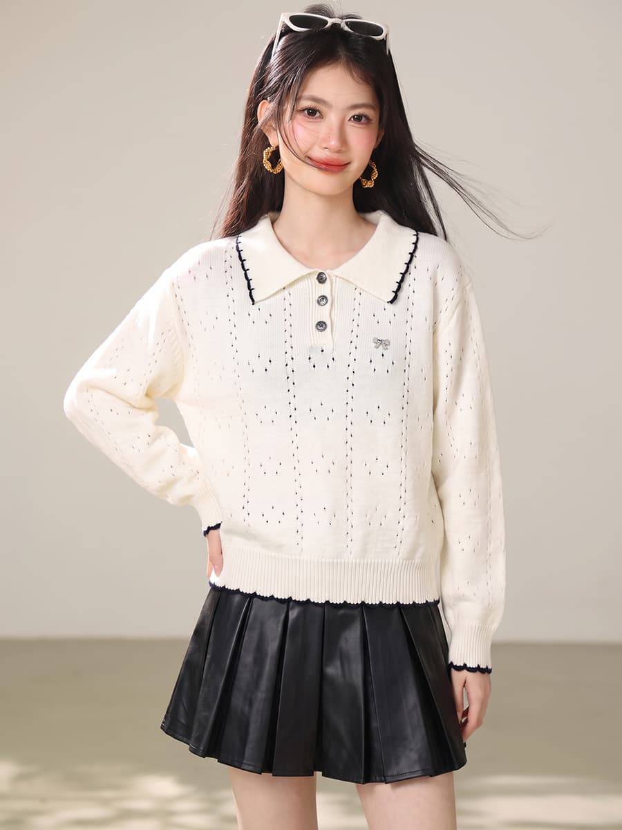 실사 달콤함 나비 매듭 자수 이른 가을 새로운 배색 POLO 칼라 홀로우 아웃 니트 스웨터 부드러운 찹쌀 프로 피부 맨위 이미지 4