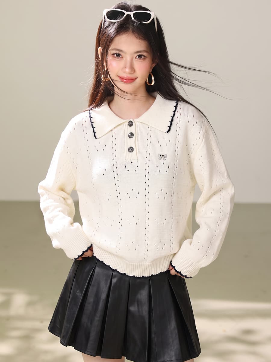 실사 달콤함 나비 매듭 자수 이른 가을 새로운 배색 POLO 칼라 홀로우 아웃 니트 스웨터 부드러운 찹쌀 프로 피부 맨위 이미지 5