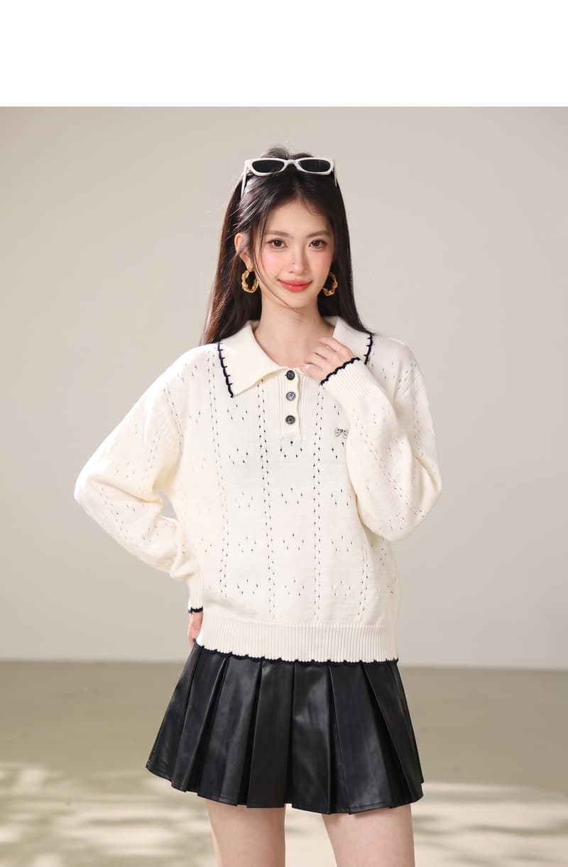 실사 달콤함 나비 매듭 자수 이른 가을 새로운 배색 POLO 칼라 홀로우 아웃 니트 스웨터 부드러운 찹쌀 프로 피부 맨위 상세 이미지 2