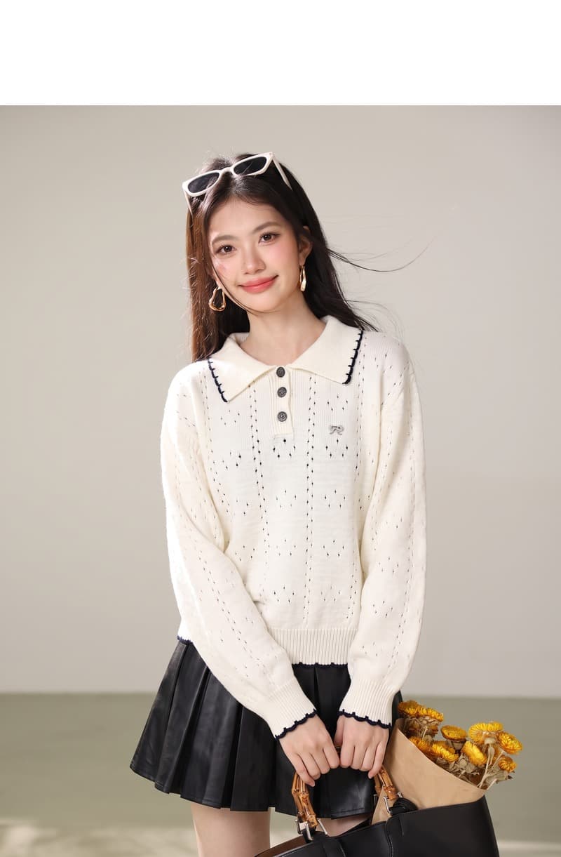 실사 달콤함 나비 매듭 자수 이른 가을 새로운 배색 POLO 칼라 홀로우 아웃 니트 스웨터 부드러운 찹쌀 프로 피부 맨위 상세 이미지 3
